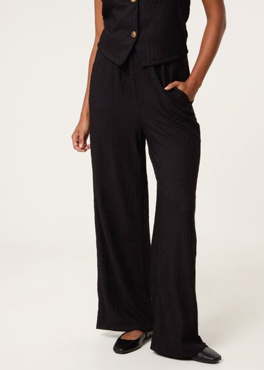 Blue Vanilla Black Crinkle Elasticated Waist Wide Leg Trousers