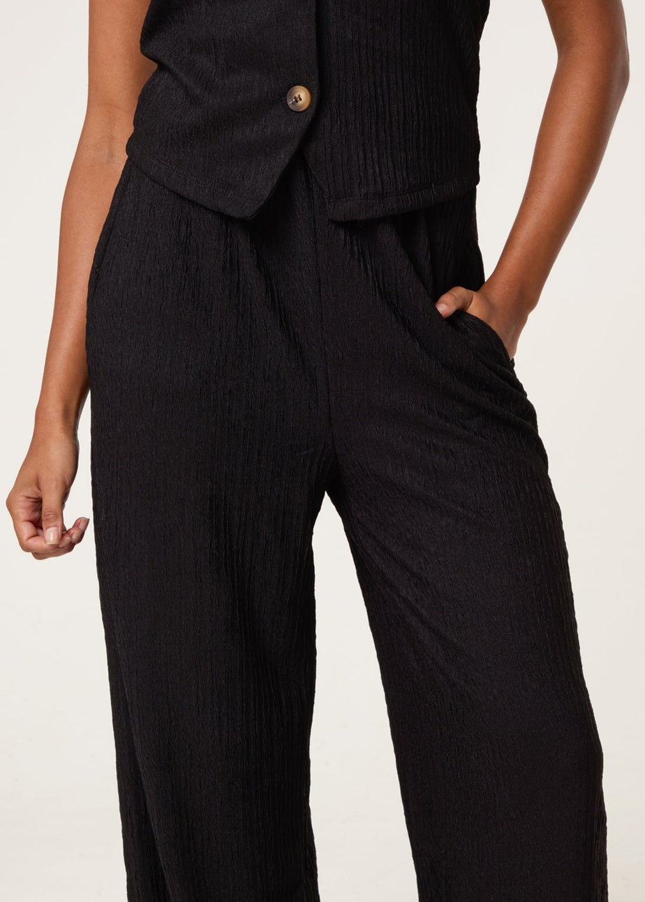 Blue Vanilla Black Crinkle Elasticated Waist Wide Leg Trousers