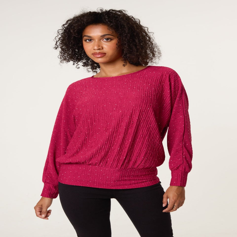 Blue Vanilla Burgundy Rhinestone Batwing Top