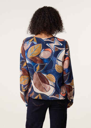 Blue Vanilla Multi Abstract Print Scoop Neck Puffball Blouse
