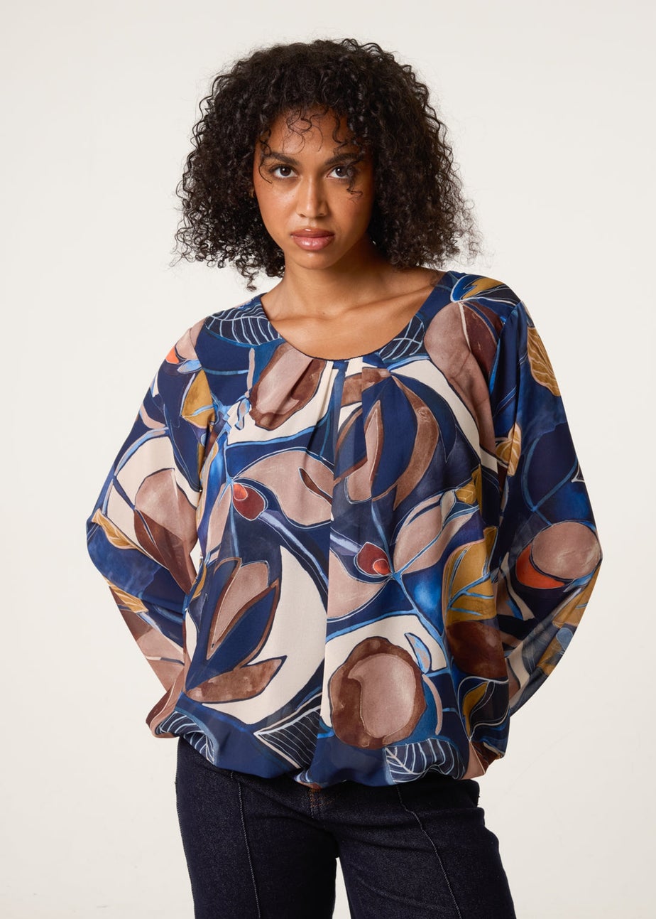 Blue Vanilla Multi Abstract Print Scoop Neck Puffball Blouse