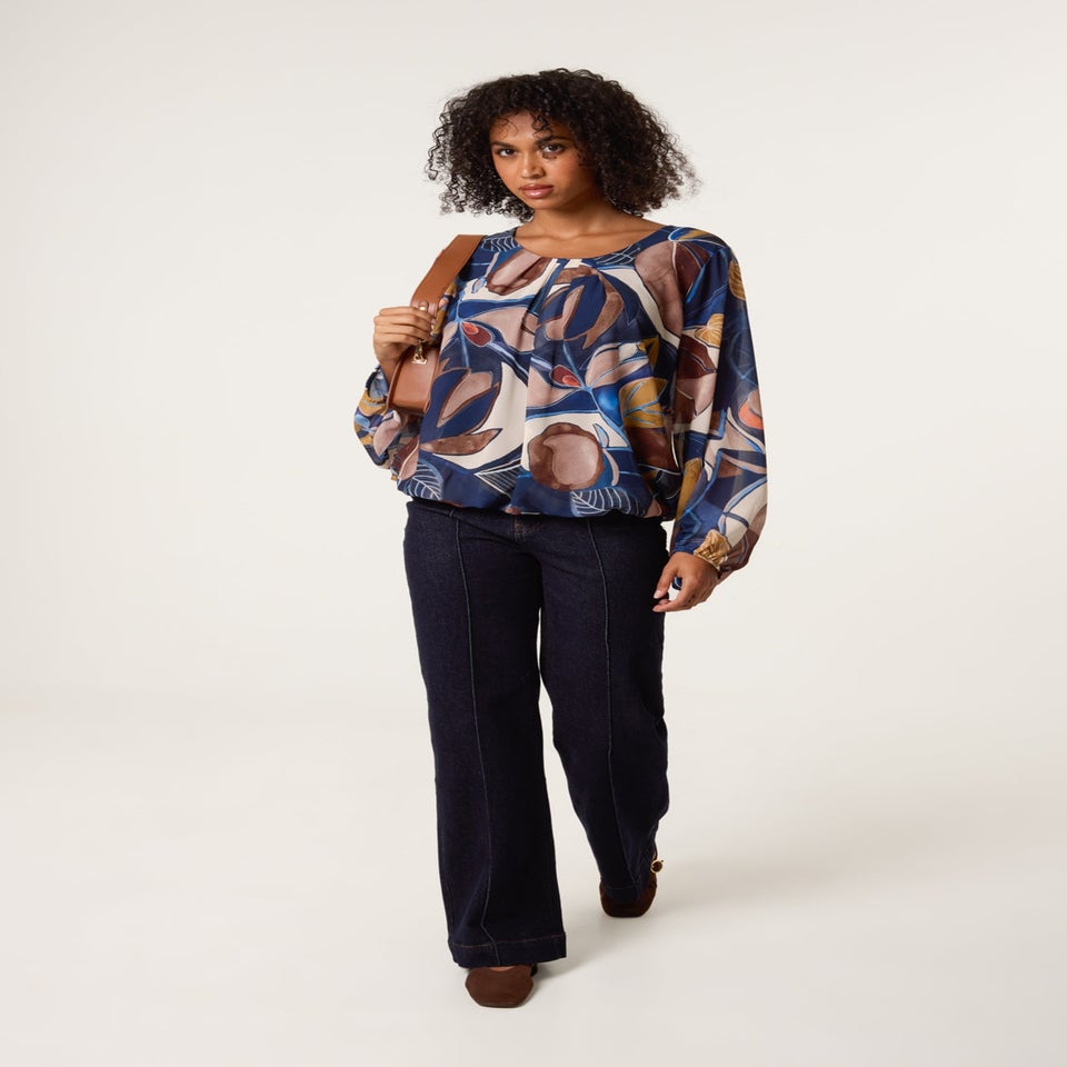 Blue Vanilla Multi Abstract Print Scoop Neck Puffball Blouse