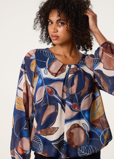 Blue Vanilla Multi Abstract Print Scoop Neck Puffball Blouse