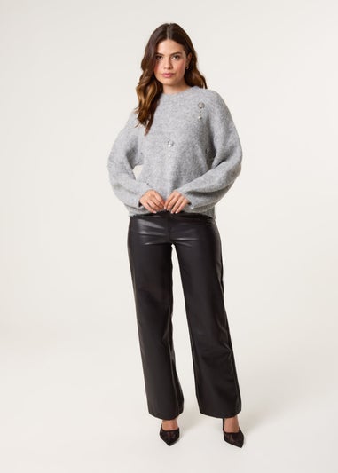 Blue Vanilla Grey Flower Embellished Jumper