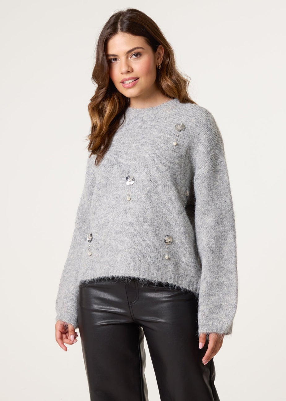Blue Vanilla Grey Flower Embellished Jumper