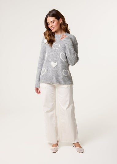 Blue Vanilla Grey Diamante Detailed Heart Jumper