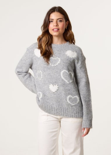 Blue Vanilla Grey Diamante Detailed Heart Jumper