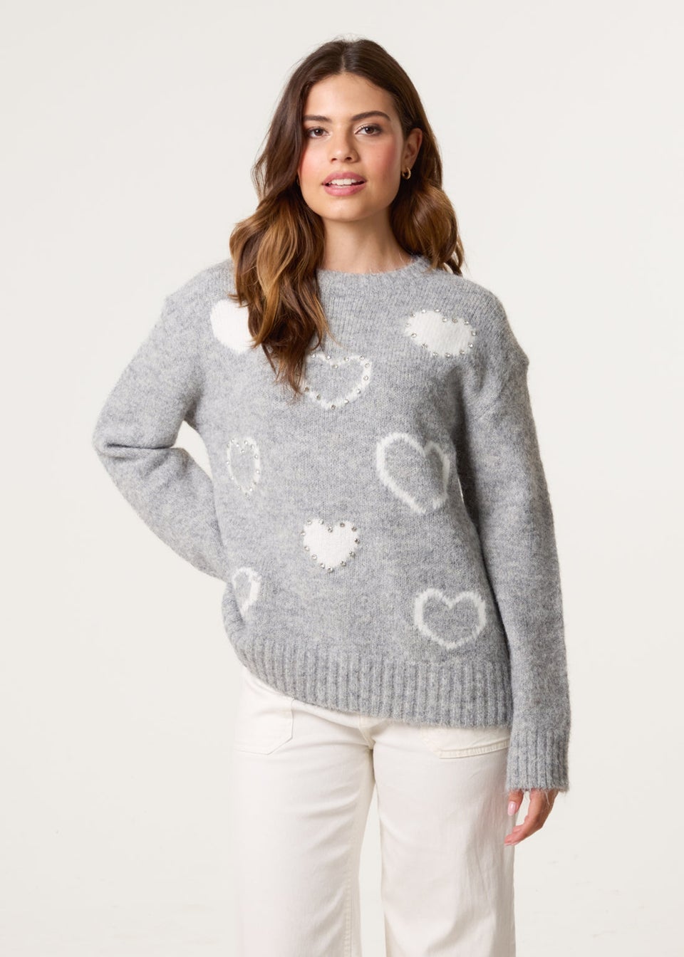 Blue Vanilla Grey Diamante Detailed Heart Jumper