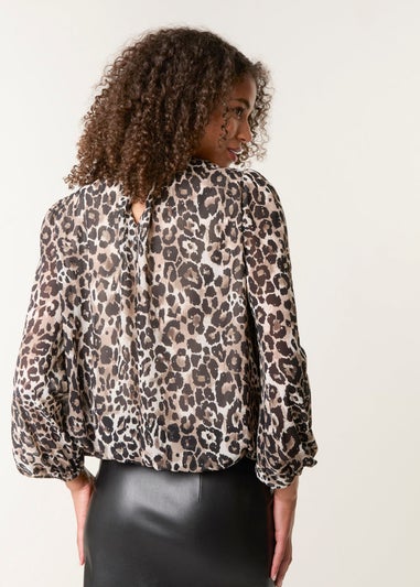 Blue Vanilla Brown Leopard Print Tie Neck Puffball Top