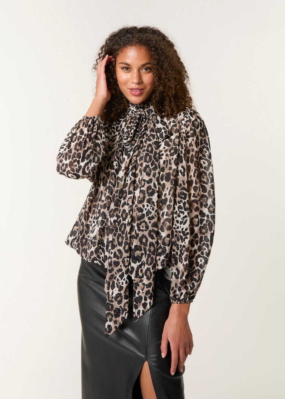 Blue Vanilla Brown Leopard Print Tie Neck Puffball Top