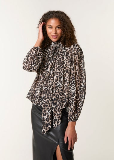 Blue Vanilla Brown Leopard Print Tie Neck Puffball Top