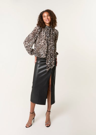Blue Vanilla Brown Leopard Print Tie Neck Puffball Top