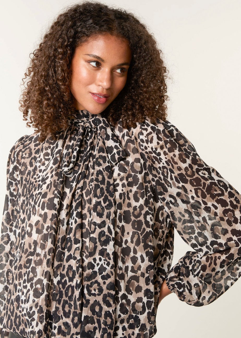 Blue Vanilla Brown Leopard Print Tie Neck Puffball Top