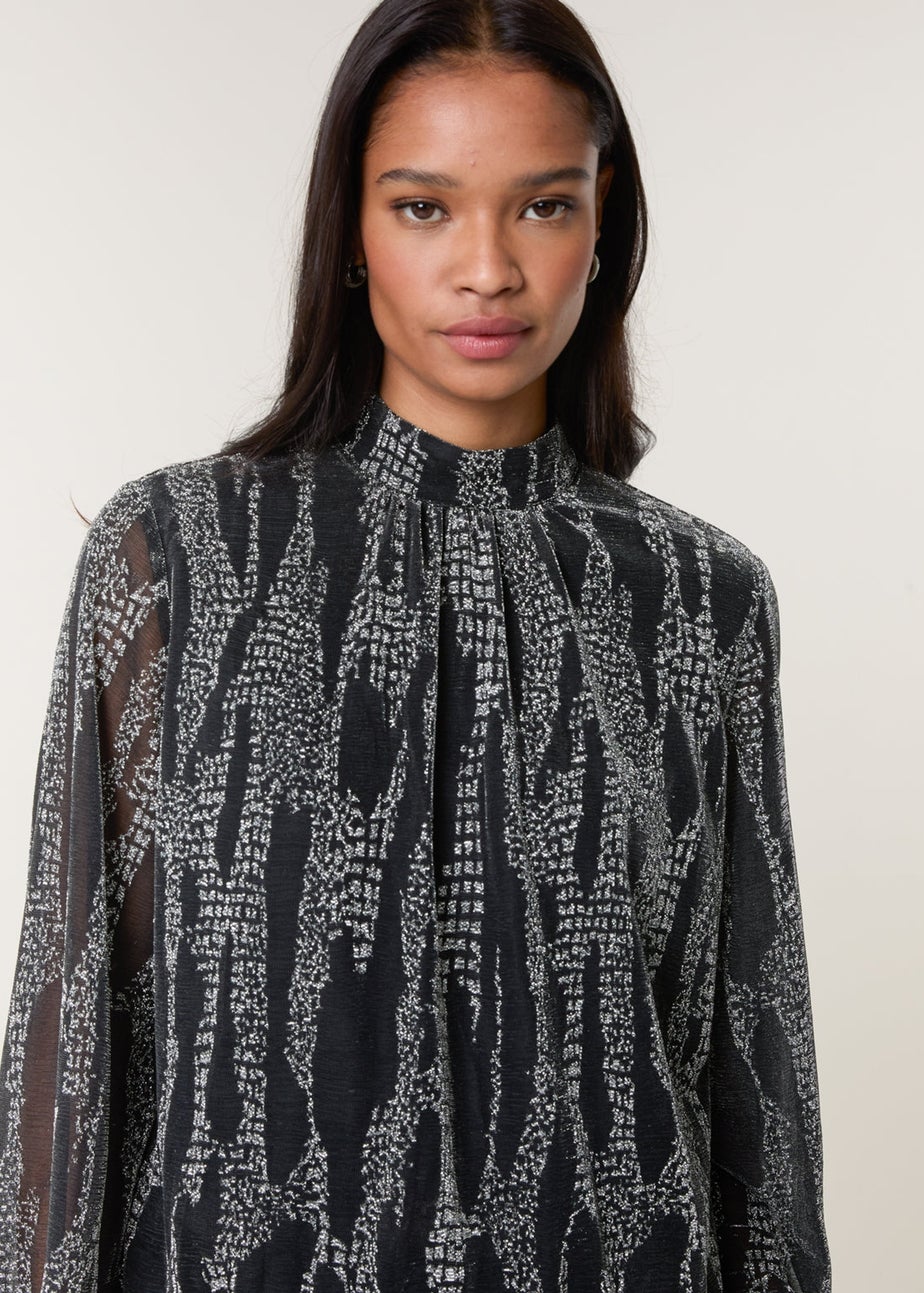 Blue Vanilla Silver Snake High Neck Puff Ball Blouse