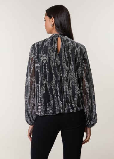 Blue Vanilla Silver Snake High Neck Puff Ball Blouse