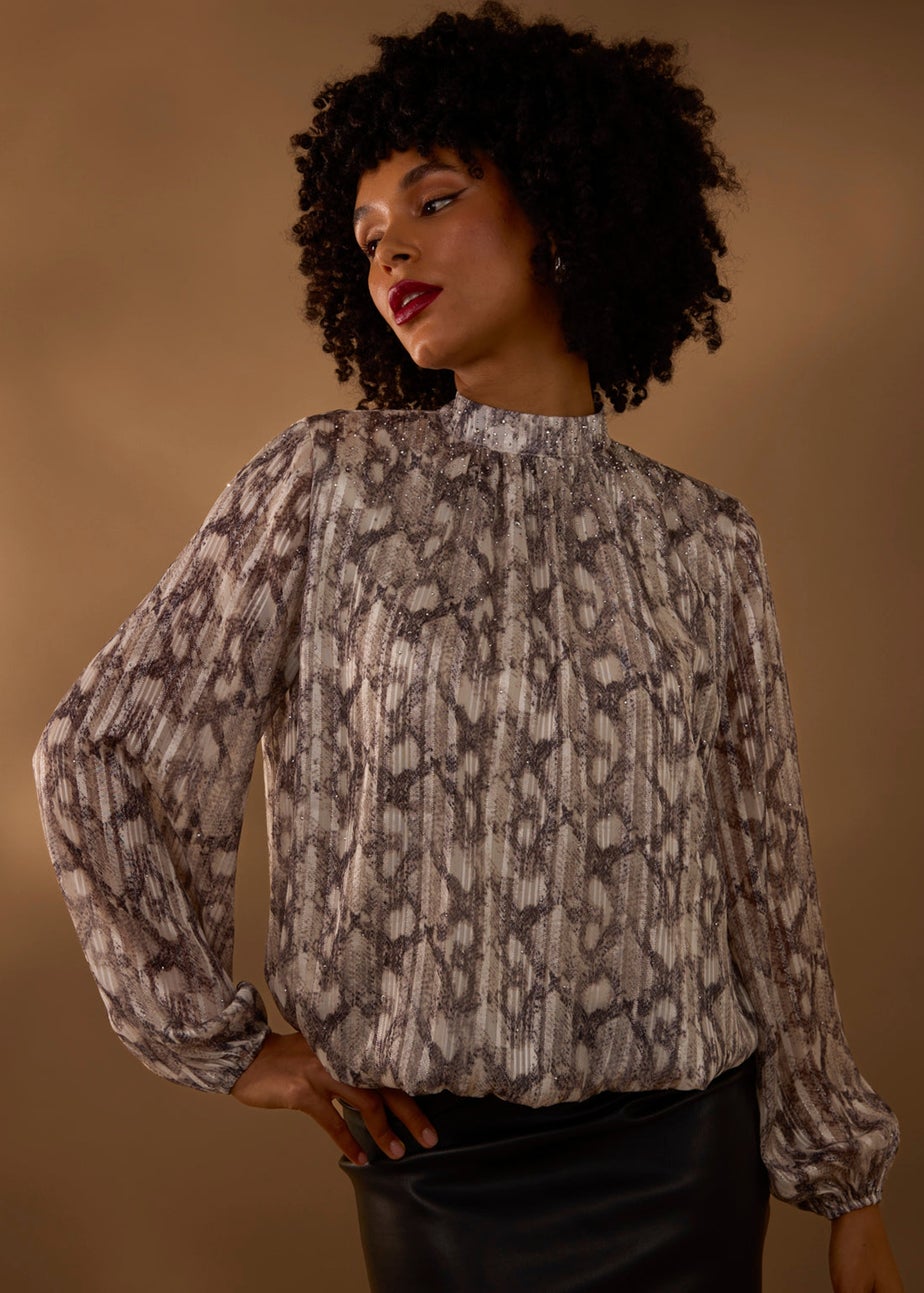 Blue Vanilla Grey Rhinestone Studded Snake Print Blouse