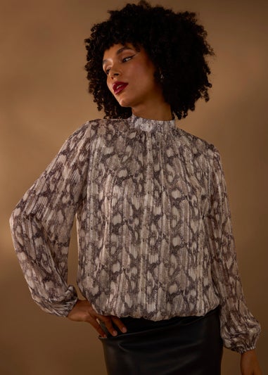 Blue Vanilla Grey Rhinestone Studded Snake Print Blouse