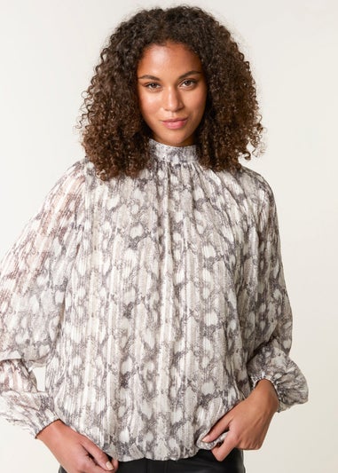 Blue Vanilla Grey Rhinestone Studded Snake Print Blouse