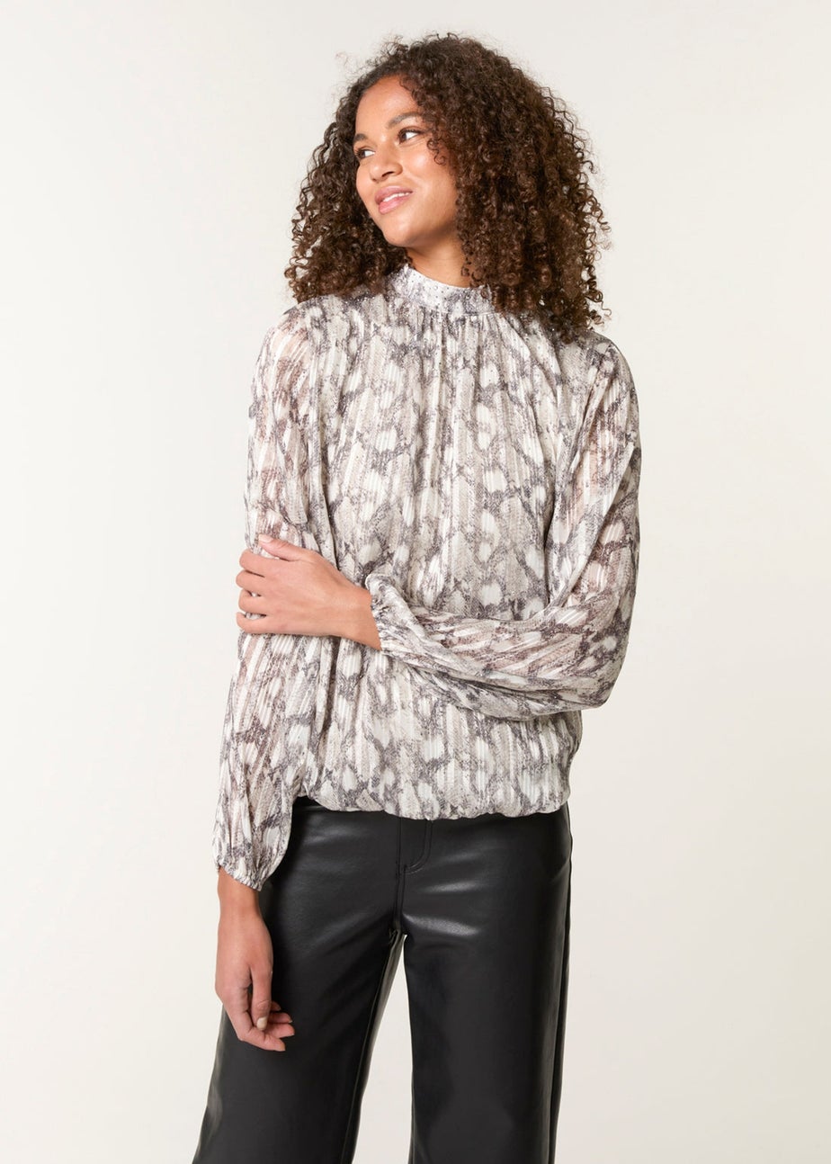 Blue Vanilla Grey Rhinestone Studded Snake Print Blouse