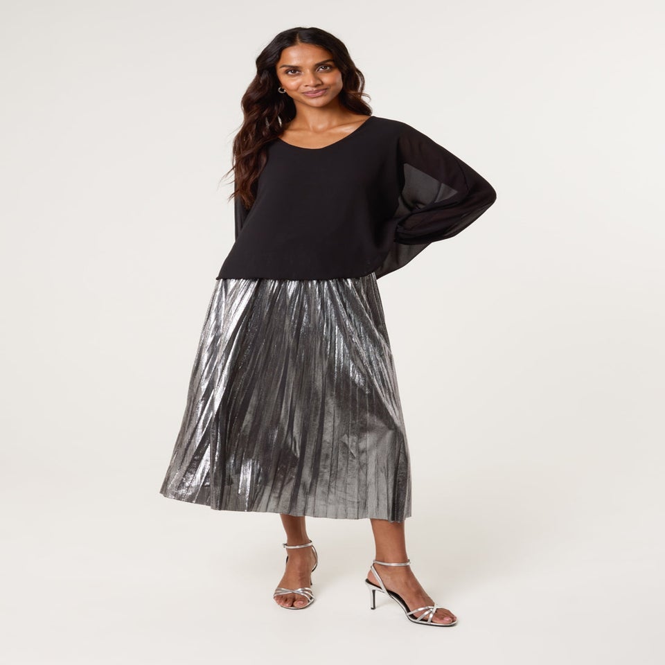 Blue Vanilla Grey Metallic Pleated Tulle Skirt