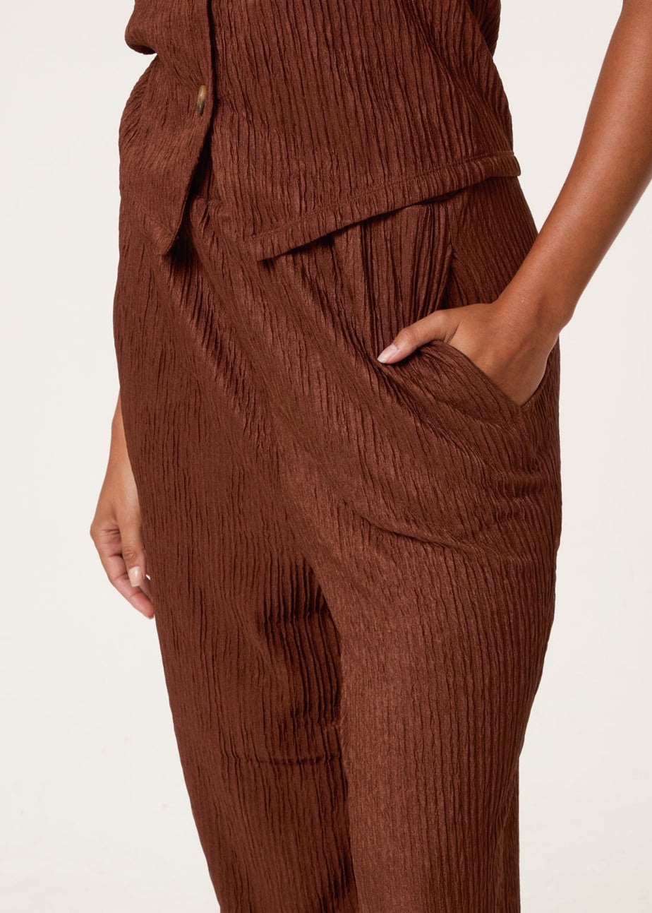 Blue Vanilla Brown Crinkle Elasticated Waist Wide Leg Trousers