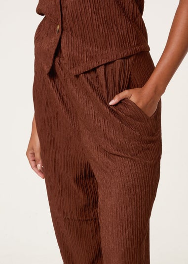 Blue Vanilla Brown Crinkle Elasticated Waist Wide Leg Trousers