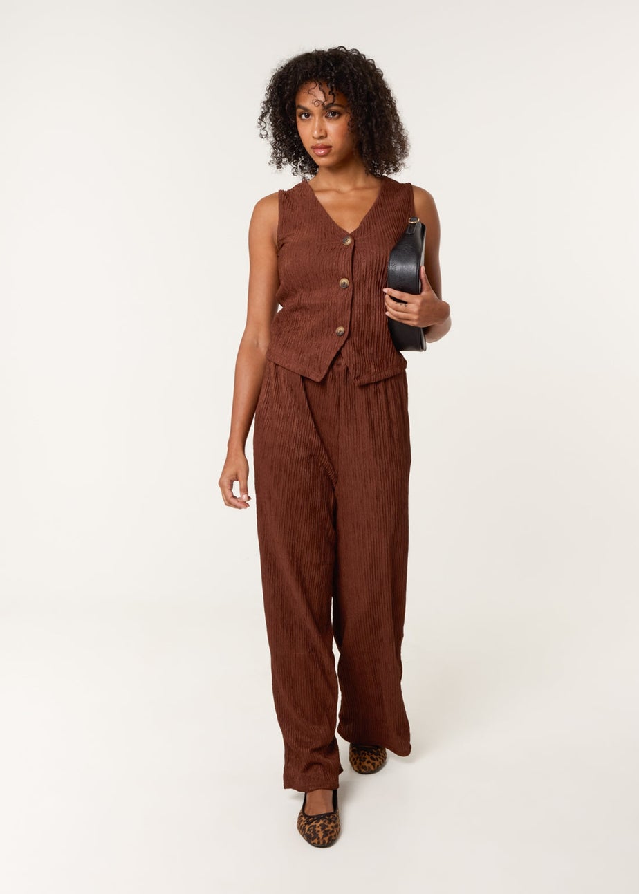 Blue Vanilla Brown Crinkle Elasticated Waist Wide Leg Trousers
