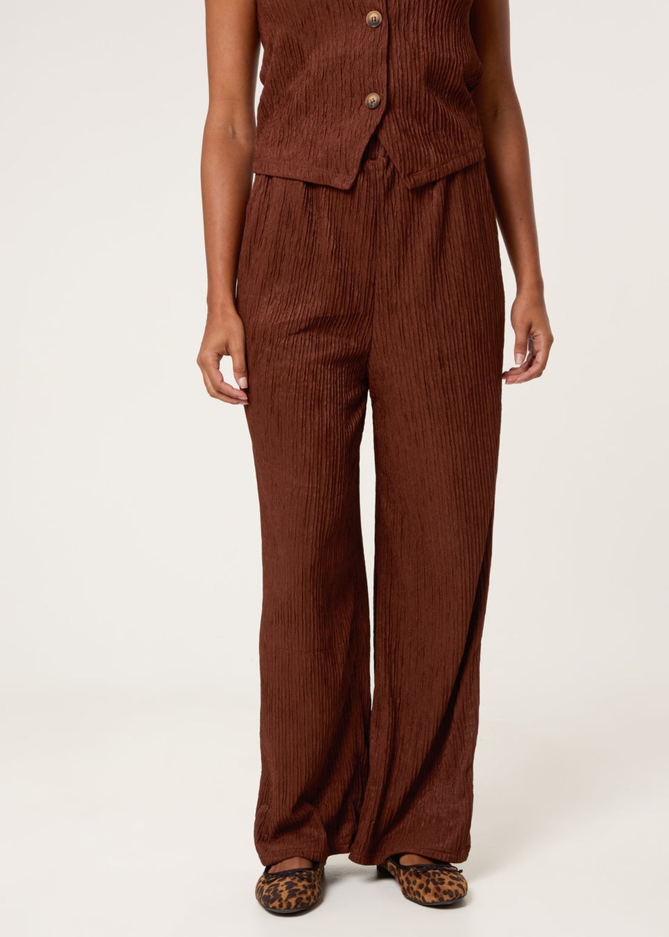 Blue Vanilla Brown Crinkle Elasticated Waist Wide Leg Trousers