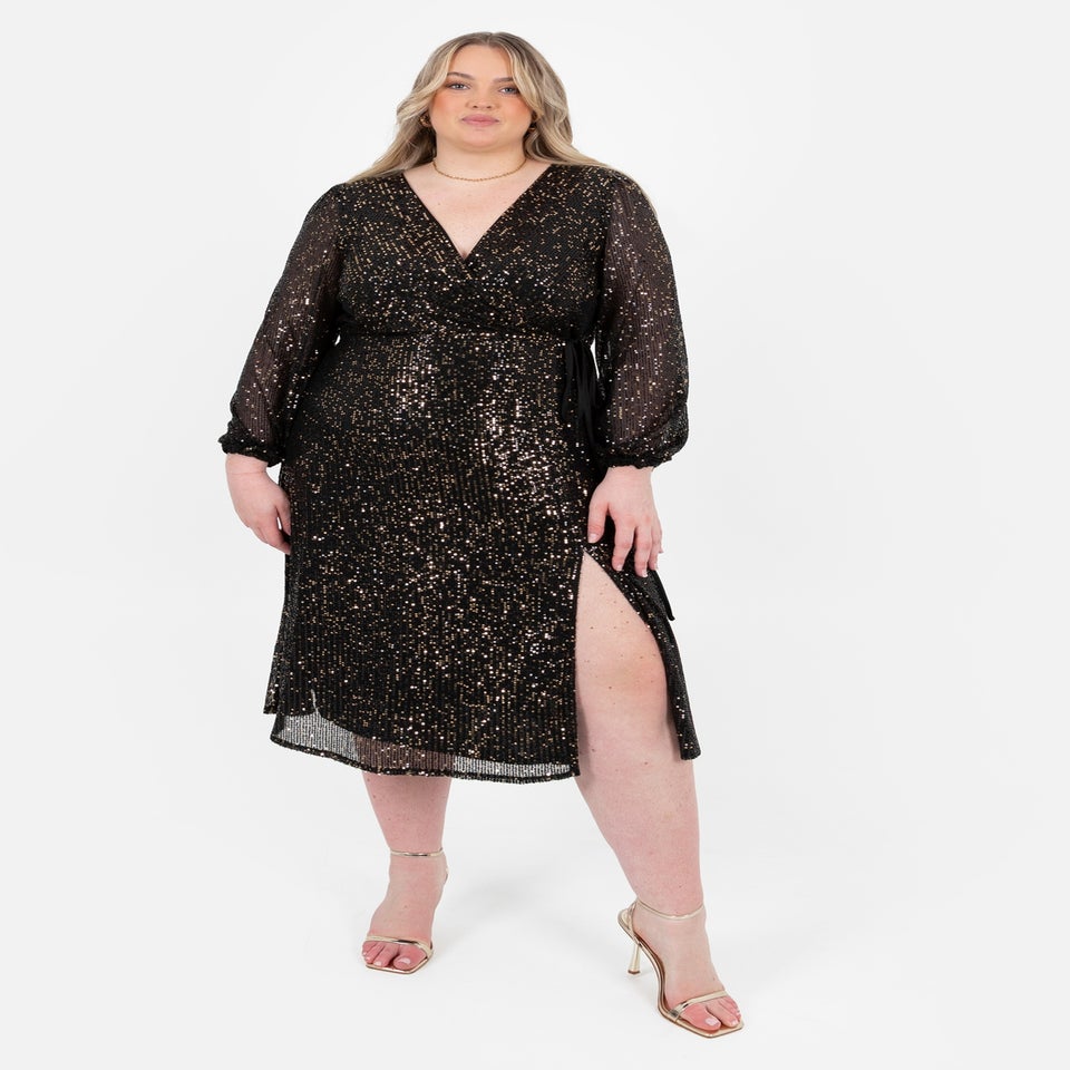 Lovedrobe Black & Gold Sequin Faux Wrap Long Sleeve Midi Dress