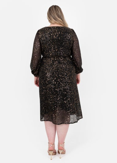Lovedrobe Black & Gold Sequin Faux Wrap Long Sleeve Midi Dress