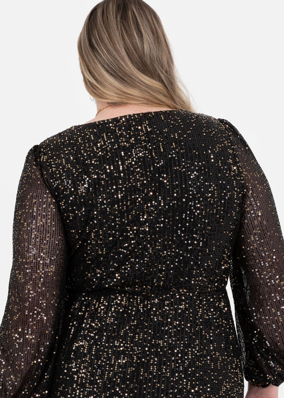 Lovedrobe Black & Gold Sequin Faux Wrap Long Sleeve Midi Dress