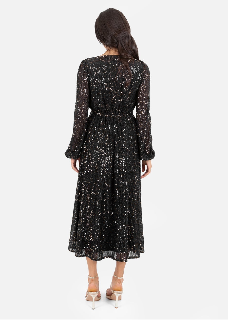 Lovedrobe Black & Gold Sequin Faux Wrap Long Sleeve Midi Dress