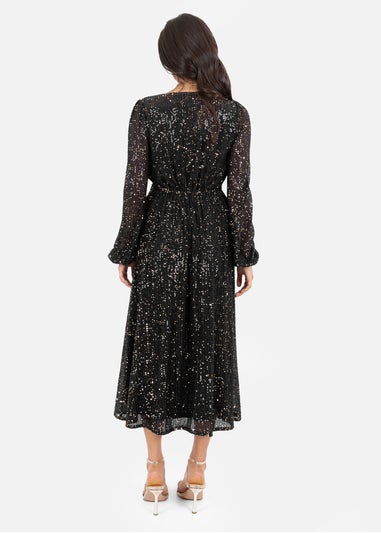 Lovedrobe Black & Gold Sequin Faux Wrap Long Sleeve Midi Dress