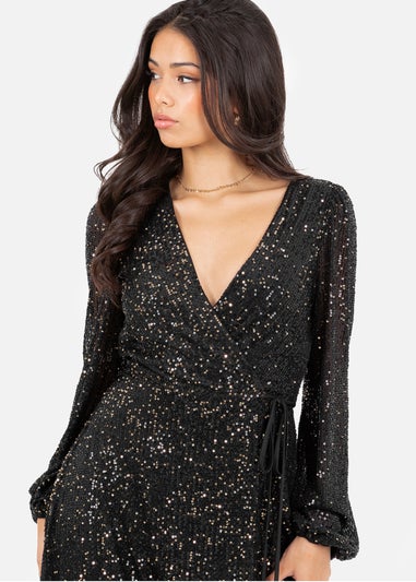 Lovedrobe Black & Gold Sequin Faux Wrap Long Sleeve Midi Dress