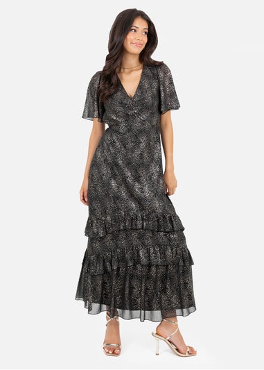 Lovedrobe Gold Foil Detail Angel Sleeve Ruffled Midaxi Dress