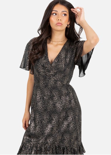 Lovedrobe Gold Foil Detail Angel Sleeve Ruffled Midaxi Dress