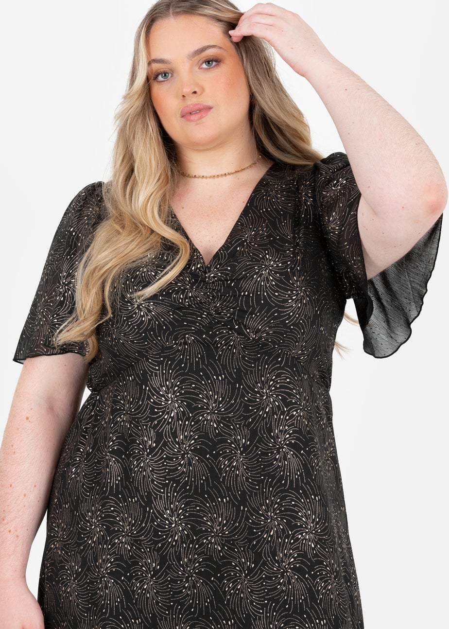 Lovedrobe Gold Foil Detail Angel Sleeve Ruffled Midaxi Dress