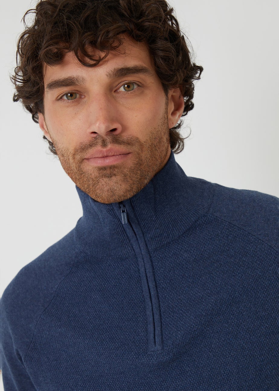 Threadbare Blue Textured Knit Quarter Zip Jumper