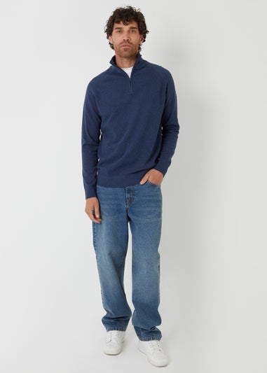 Threadbare Blue Textured Knit Quarter Zip Jumper