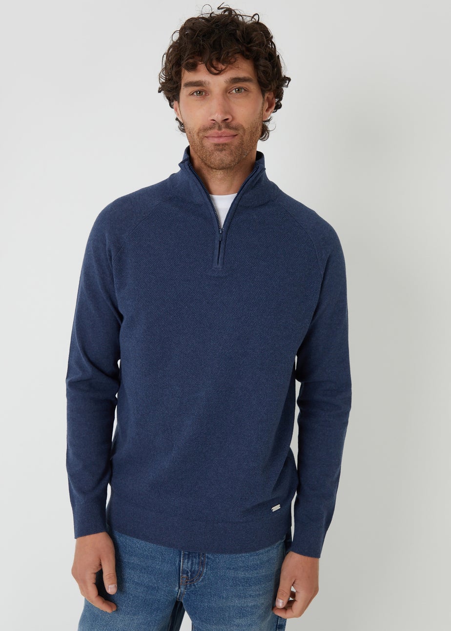 Threadbare Blue Textured Knit Quarter Zip Jumper