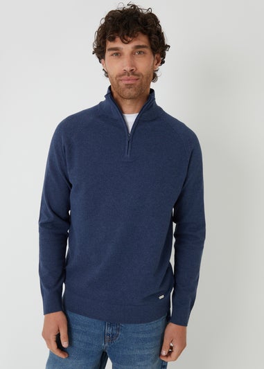 Threadbare Blue Textured Knit Quarter Zip Jumper