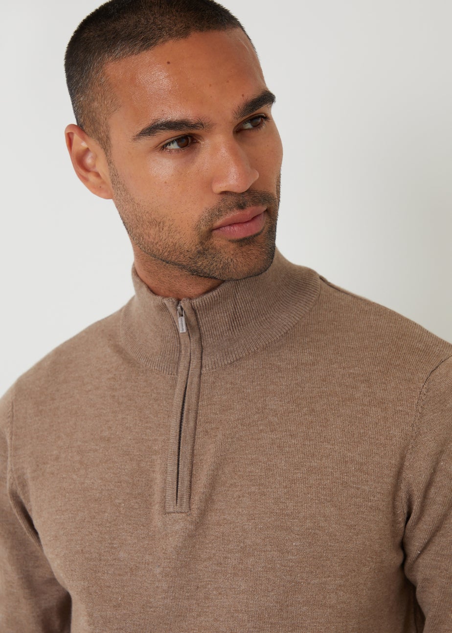 Threadbare Taupe Funnel Neck Quarter Zip Knitted Jumper