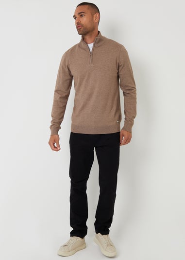 Threadbare Taupe Funnel Neck Quarter Zip Knitted Jumper