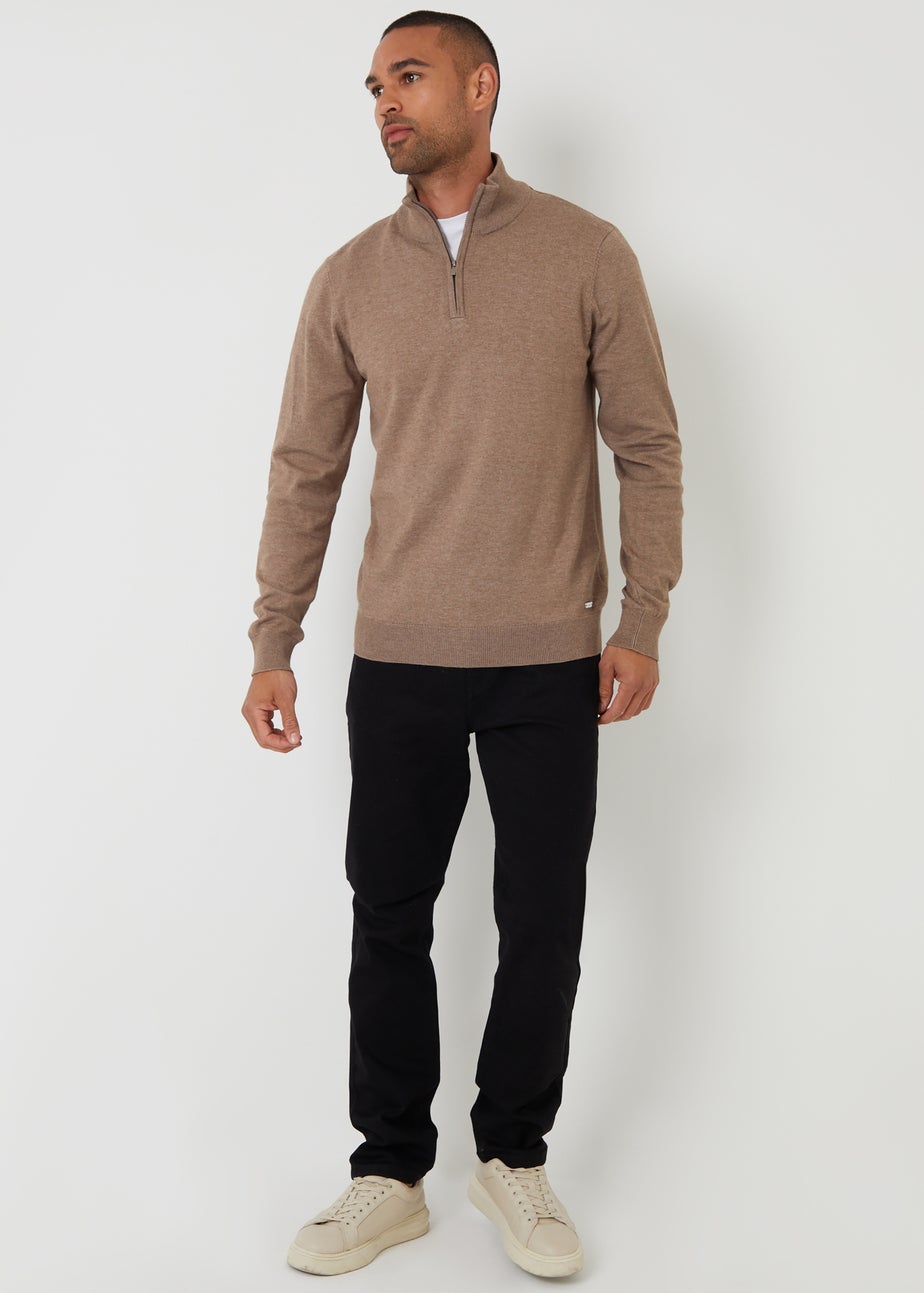 Threadbare Taupe Funnel Neck Quarter Zip Knitted Jumper