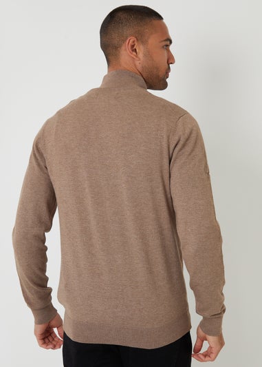 Threadbare Taupe Funnel Neck Quarter Zip Knitted Jumper