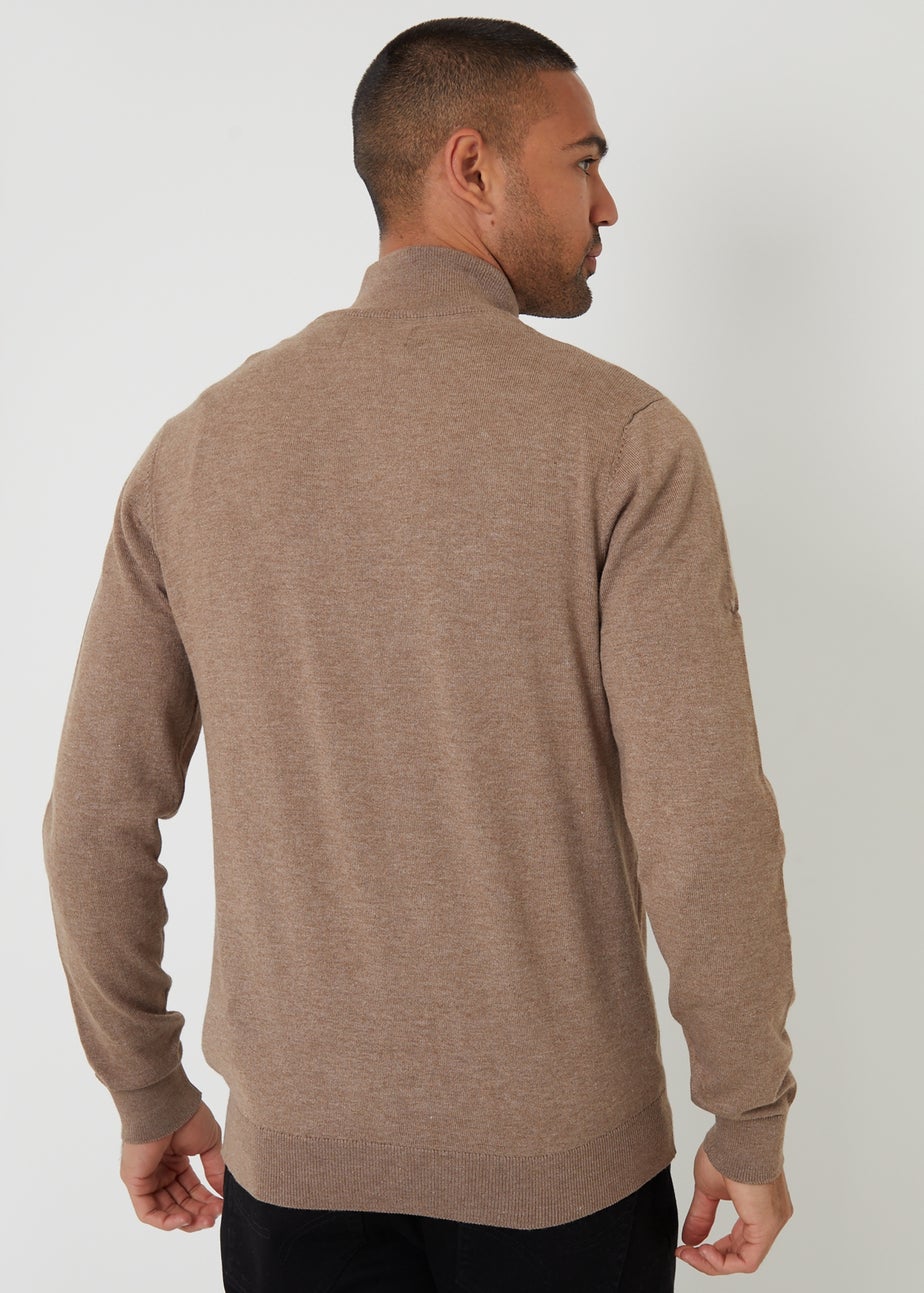 Threadbare Taupe Funnel Neck Quarter Zip Knitted Jumper