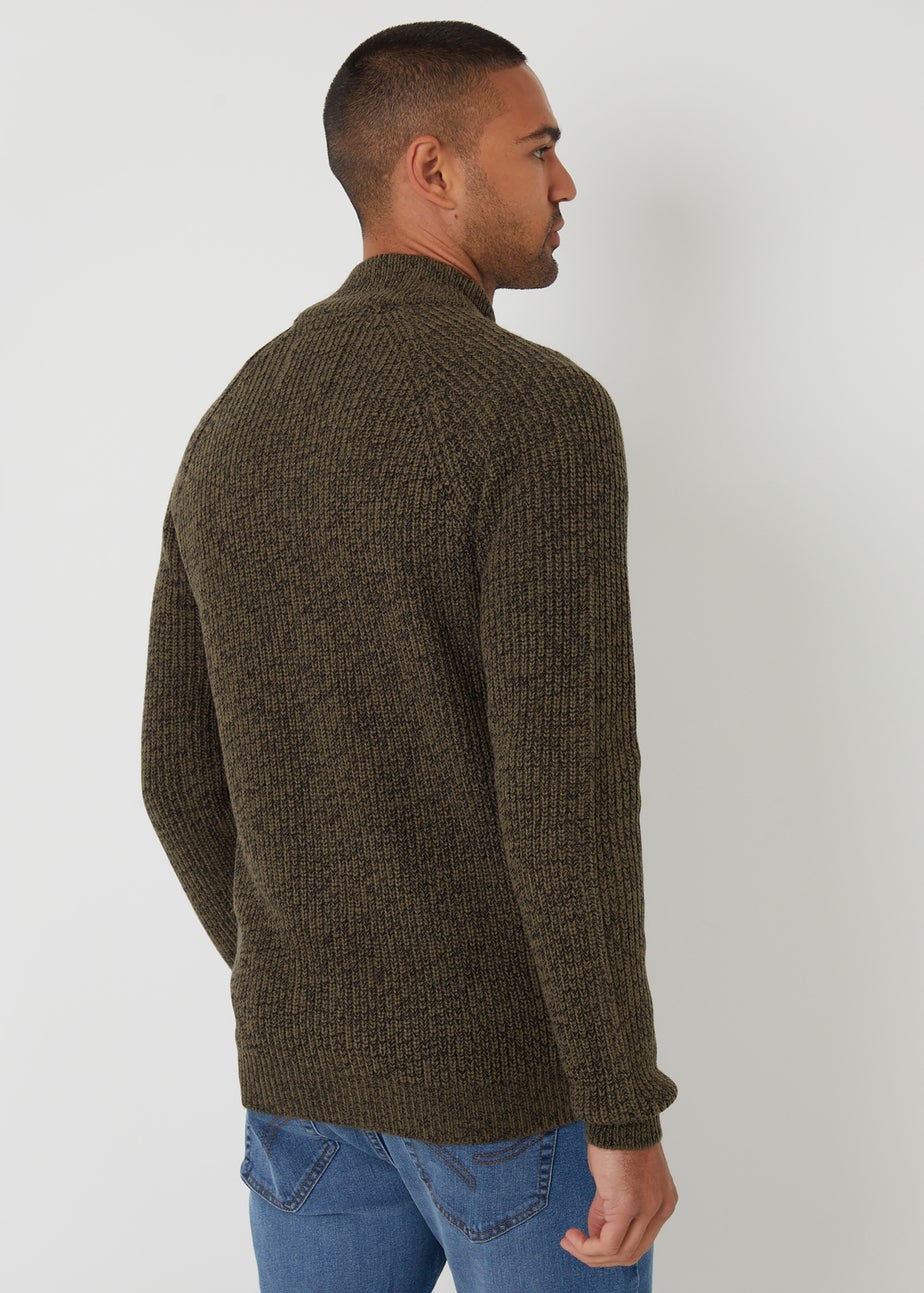 Threadbare Khaki Zip Through Funnel Neck Cardigan