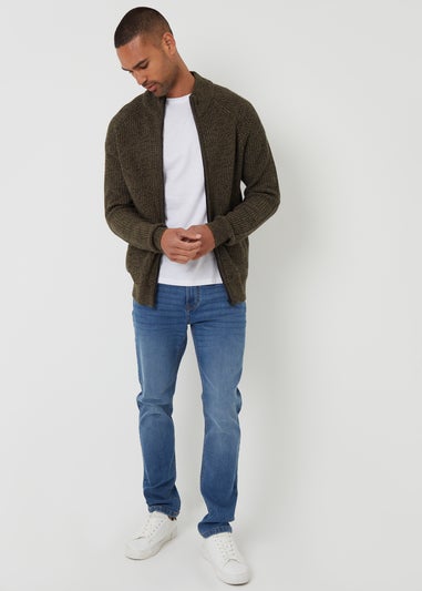 Threadbare Khaki Zip Through Funnel Neck Cardigan