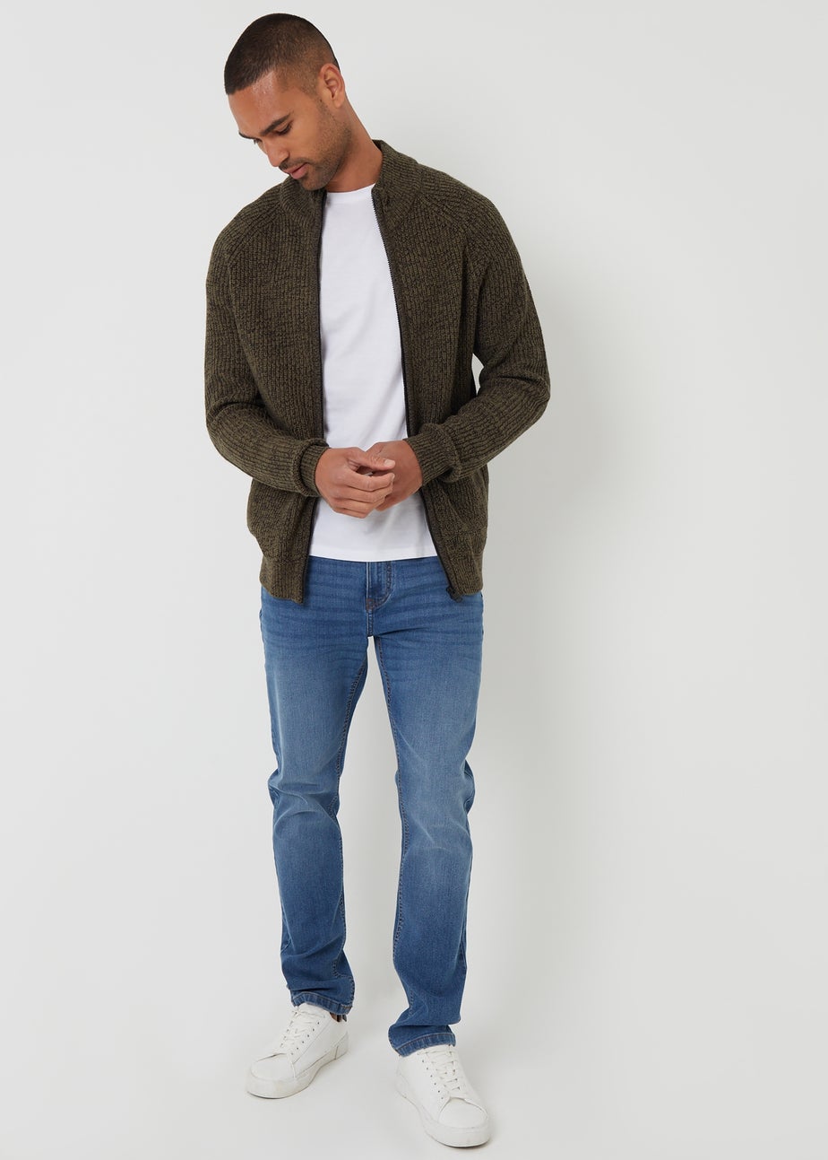 Threadbare Khaki Zip Through Funnel Neck Cardigan