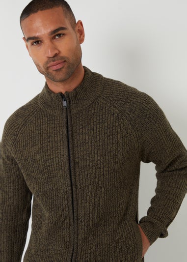 Threadbare Khaki Zip Through Funnel Neck Cardigan